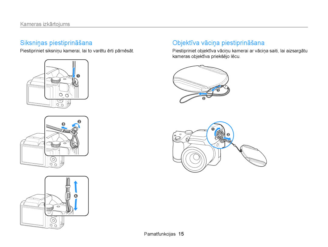 Samsung EC-WB100ZBABE2, EC-WB100ZBARE2 manual Siksniņas piestiprināšana, Objektīva vāciņa piestiprināšana 