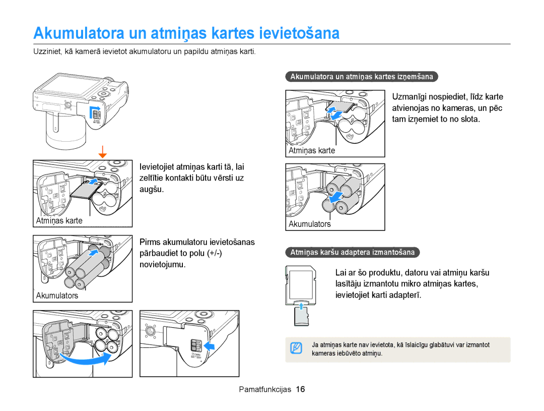 Samsung EC-WB100ZBARE2 Akumulatora un atmiņas kartes ievietošana, Augšu, Novietojumu, Atmiņas karšu adaptera izmantošana 