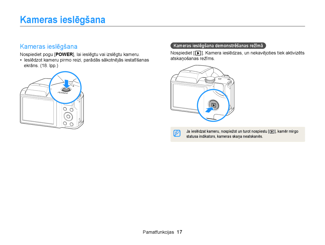 Samsung EC-WB100ZBABE2, EC-WB100ZBARE2 manual Kameras ieslēgšana demonstrēšanas režīmā 