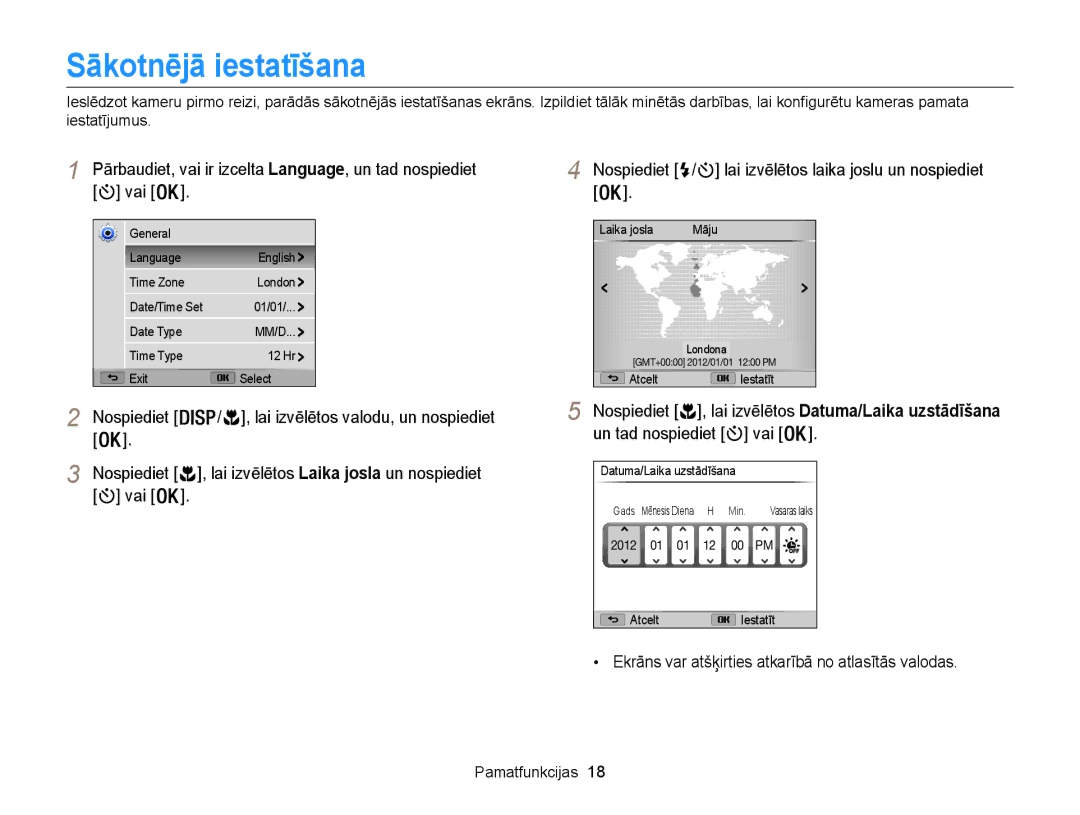 Samsung EC-WB100ZBARE2, EC-WB100ZBABE2 manual Sākotnējā iestatīšana 