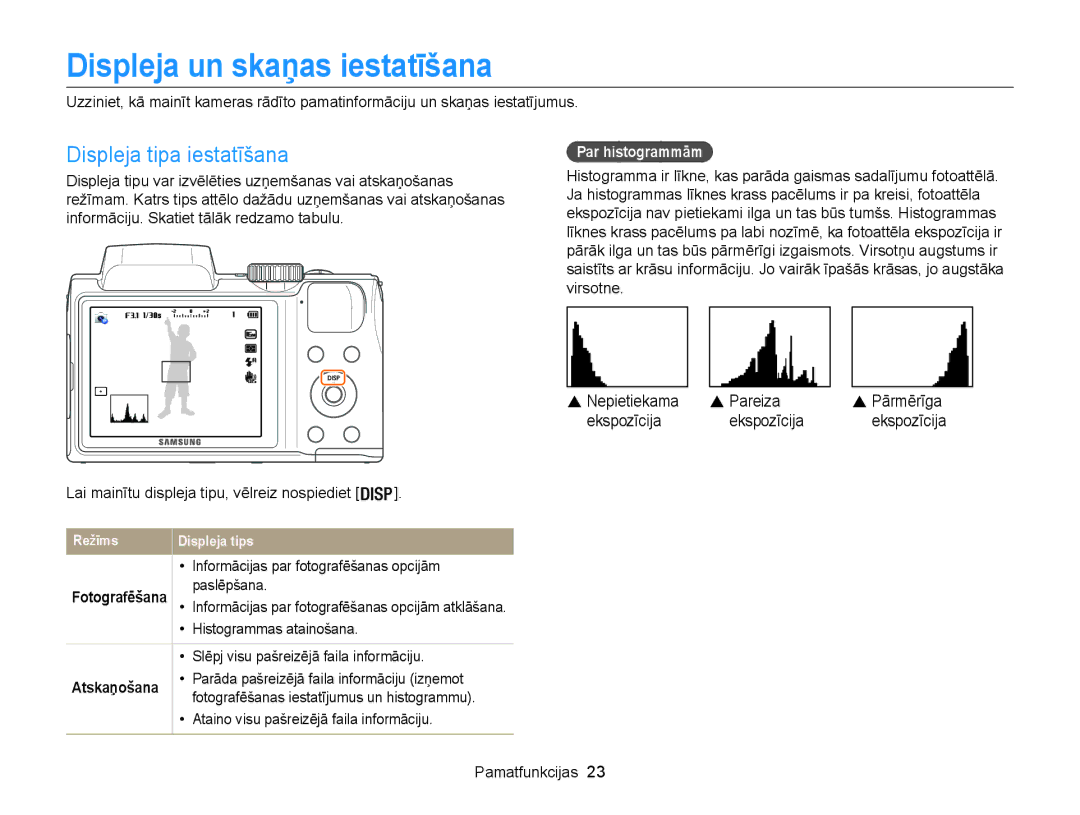 Samsung EC-WB100ZBABE2 manual Displeja un skaņas iestatīšana, Displeja tipa iestatīšana, Par histogrammām, Atskaņošana 