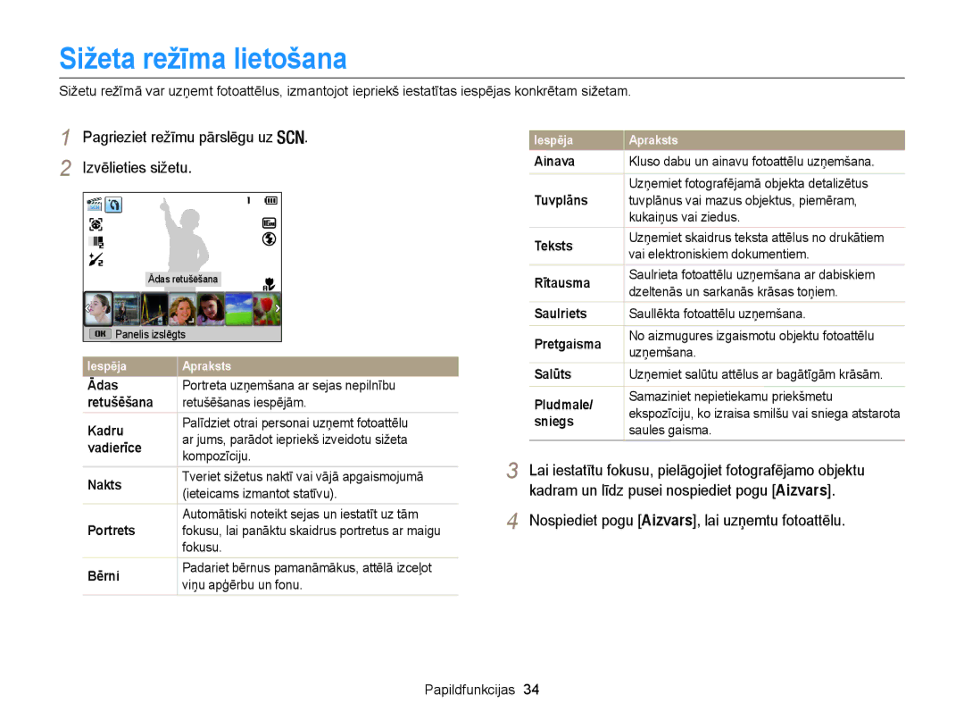 Samsung EC-WB100ZBARE2, EC-WB100ZBABE2 manual Sižeta režīma lietošana, Izvēlieties sižetu 