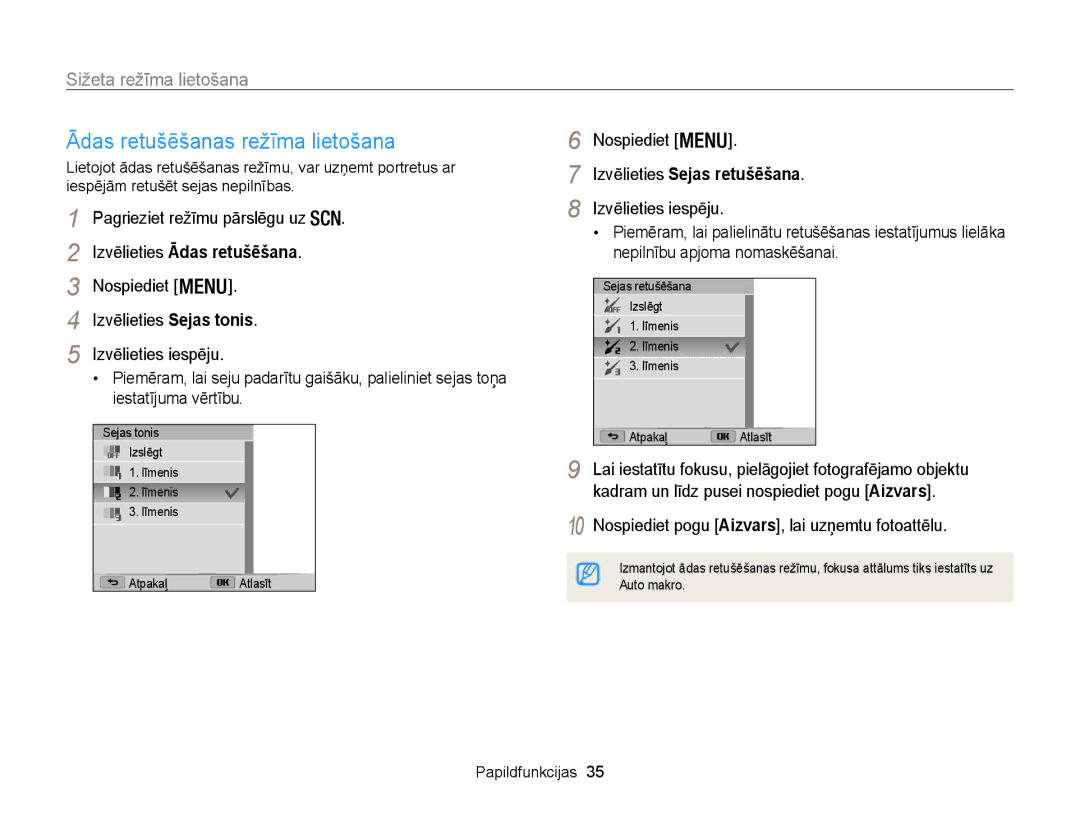 Samsung EC-WB100ZBABE2 manual Ādas retušēšanas režīma lietošana, Sižeta režīma lietošana, Izvēlieties Ādas retušēšana 