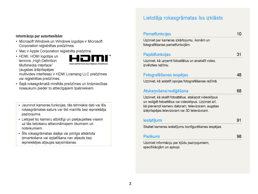 Samsung EC-WB100ZBABE2 manual Lietotāja rokasgrāmatas īss izklāsts, Informācija par autortiesībām, Izvēloties režīmu 