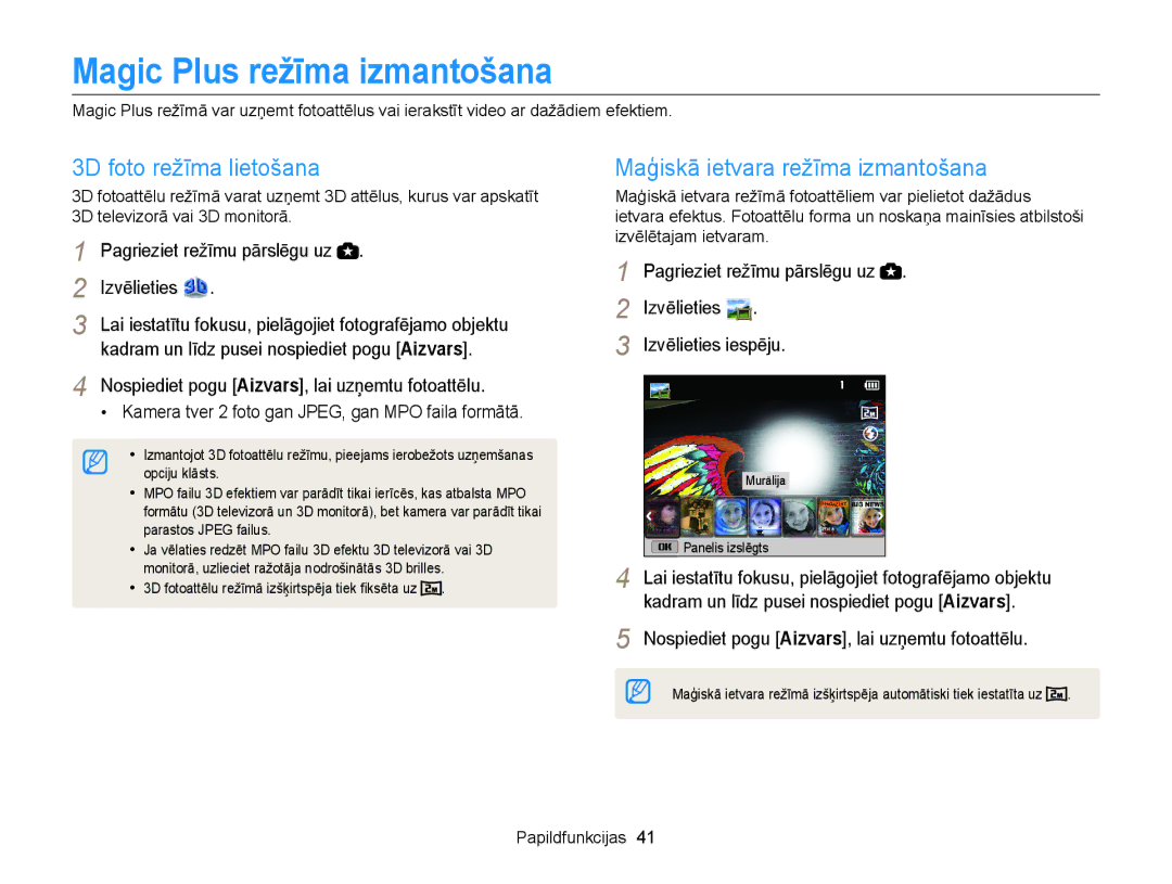 Samsung EC-WB100ZBABE2 manual Magic Plus režīma izmantošana, 3D foto režīma lietošana, Maģiskā ietvara režīma izmantošana 