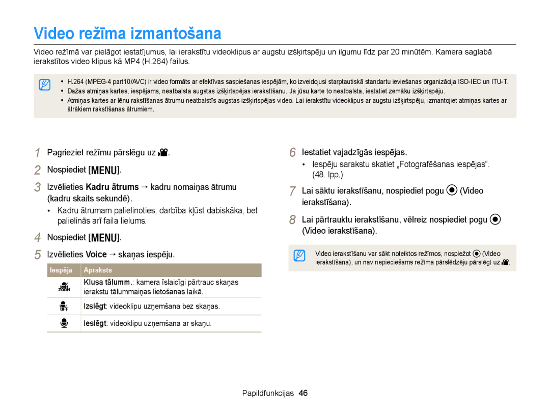 Samsung EC-WB100ZBARE2, EC-WB100ZBABE2 manual Video režīma izmantošana, Lpp Izvēlieties Kadru ātrums → kadru nomaiņas ātrumu 