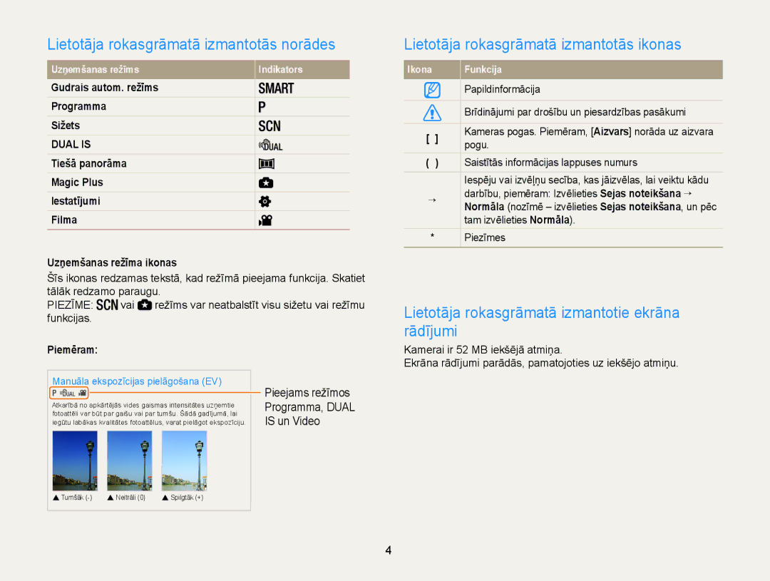 Samsung EC-WB100ZBARE2 manual Lietotāja rokasgrāmatā izmantotās norādes, Lietotāja rokasgrāmatā izmantotās ikonas, Piemēram 