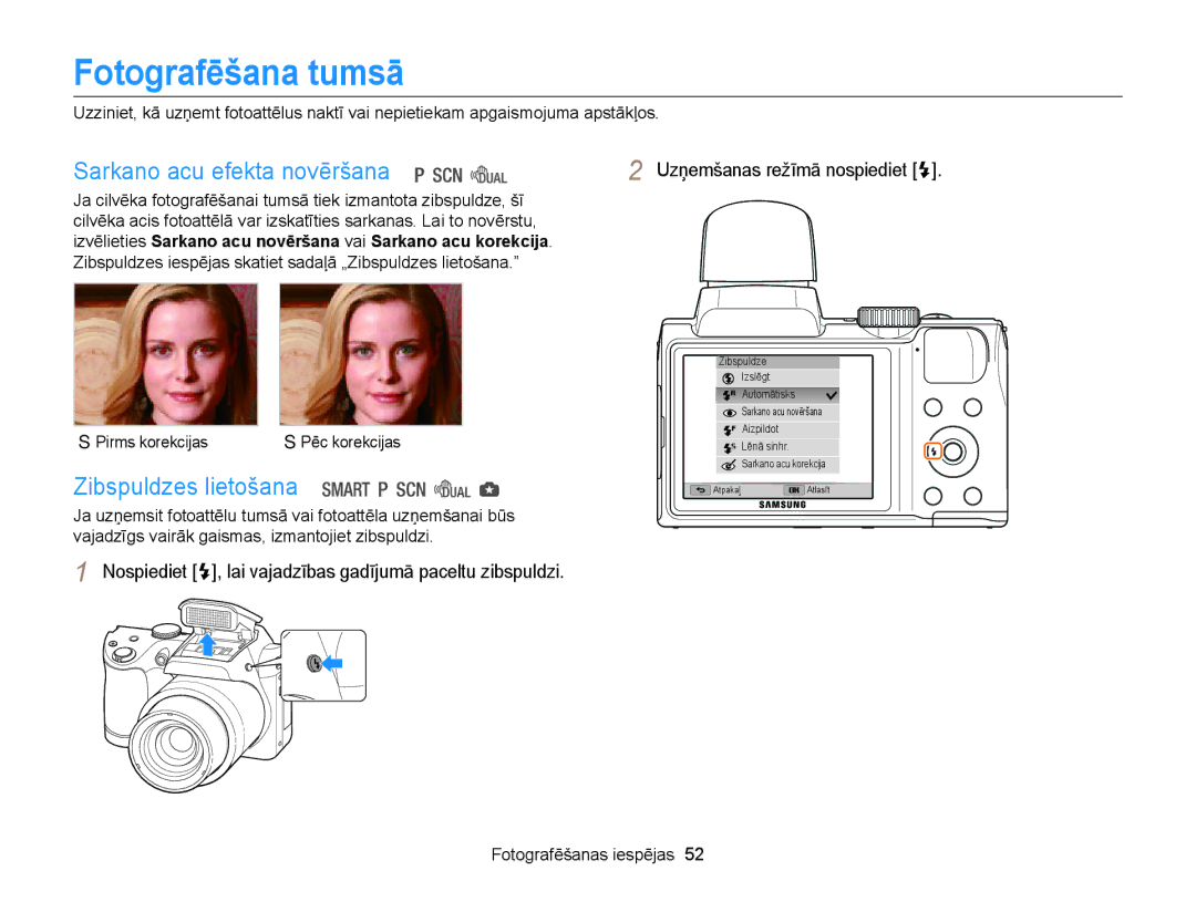 Samsung EC-WB100ZBARE2, EC-WB100ZBABE2 manual Fotografēšana tumsā, Sarkano acu efekta novēršana, Zibspuldzes lietošana 