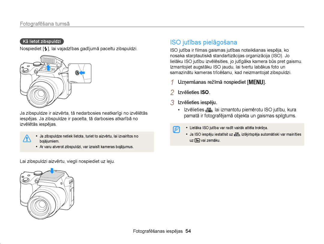 Samsung EC-WB100ZBARE2 ISO jutības pielāgošana, Kā lietot zibspuldzi, Lai zibspuldzi aizvērtu, viegli nospiediet uz leju 