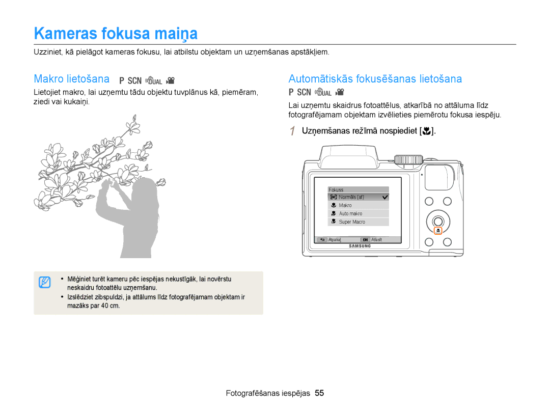 Samsung EC-WB100ZBABE2, EC-WB100ZBARE2 manual Kameras fokusa maiņa, Makro lietošana, Automātiskās fokusēšanas lietošana 