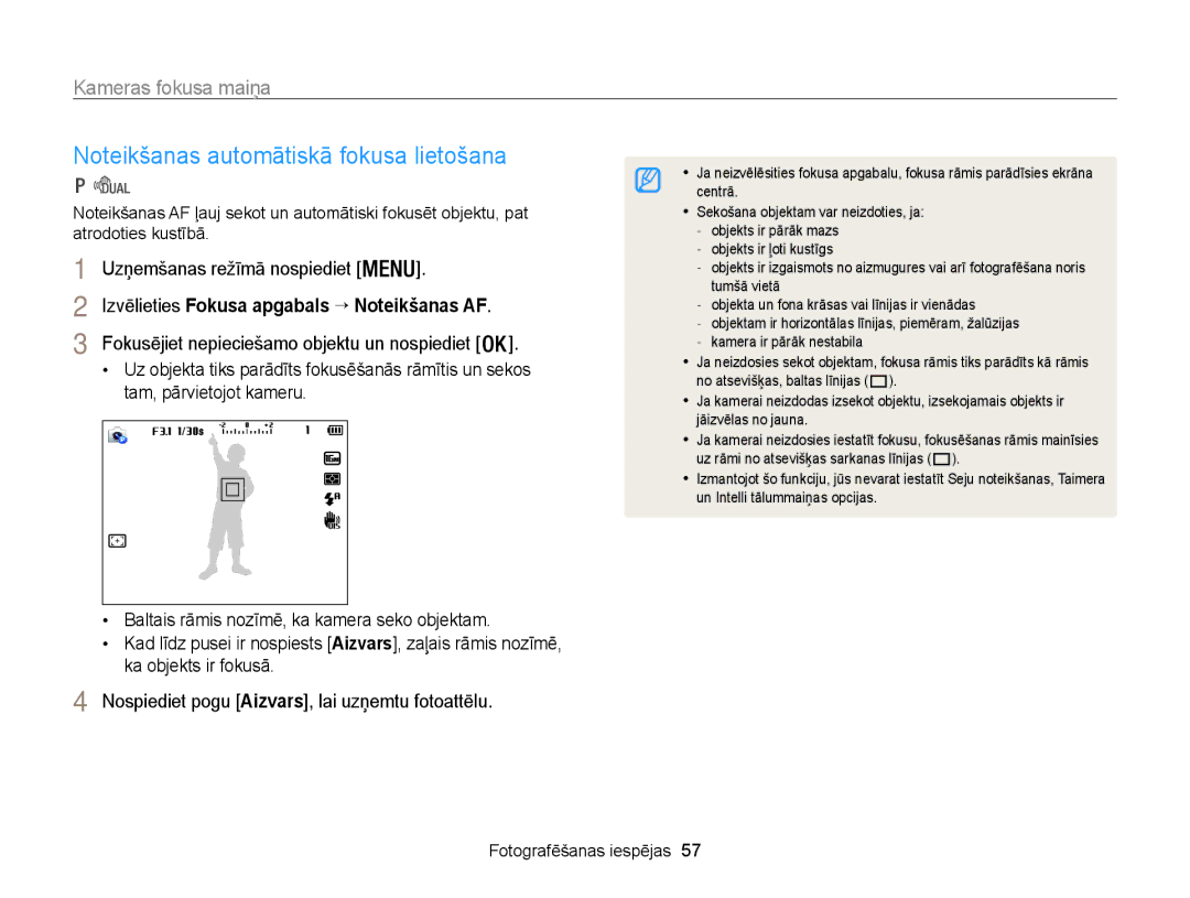 Samsung EC-WB100ZBABE2 manual Izvēlieties Fokusa apgabals → Noteikšanas AF, Fokusējiet nepieciešamo objektu un nospiediet 