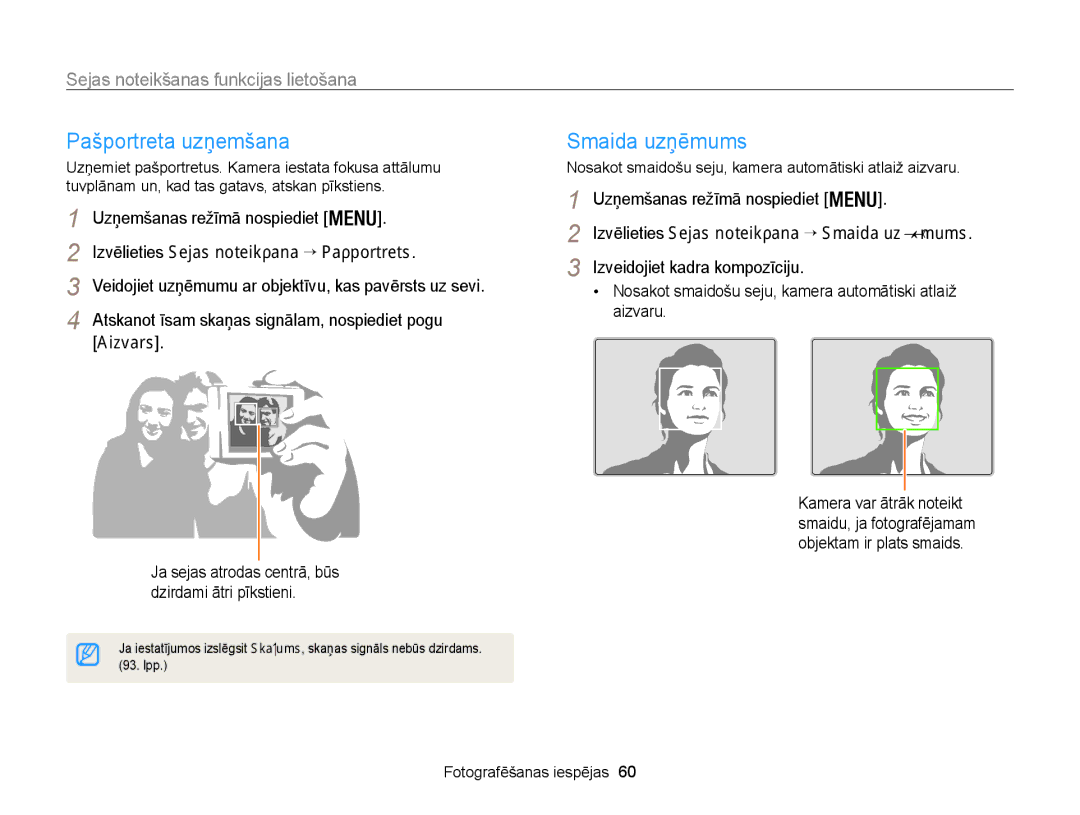 Samsung EC-WB100ZBARE2 manual Pašportreta uzņemšana, Smaida uzņēmums, Sejas noteikšanas funkcijas lietošana, Aizvars 
