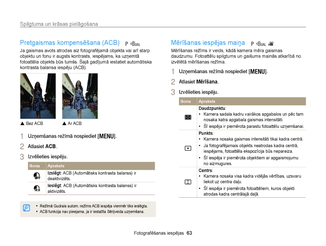 Samsung EC-WB100ZBABE2 manual Pretgaismas kompensēšana ACB, Mērīšanas iespējas maiņa, Spilgtuma un krāsas pielāgošana 