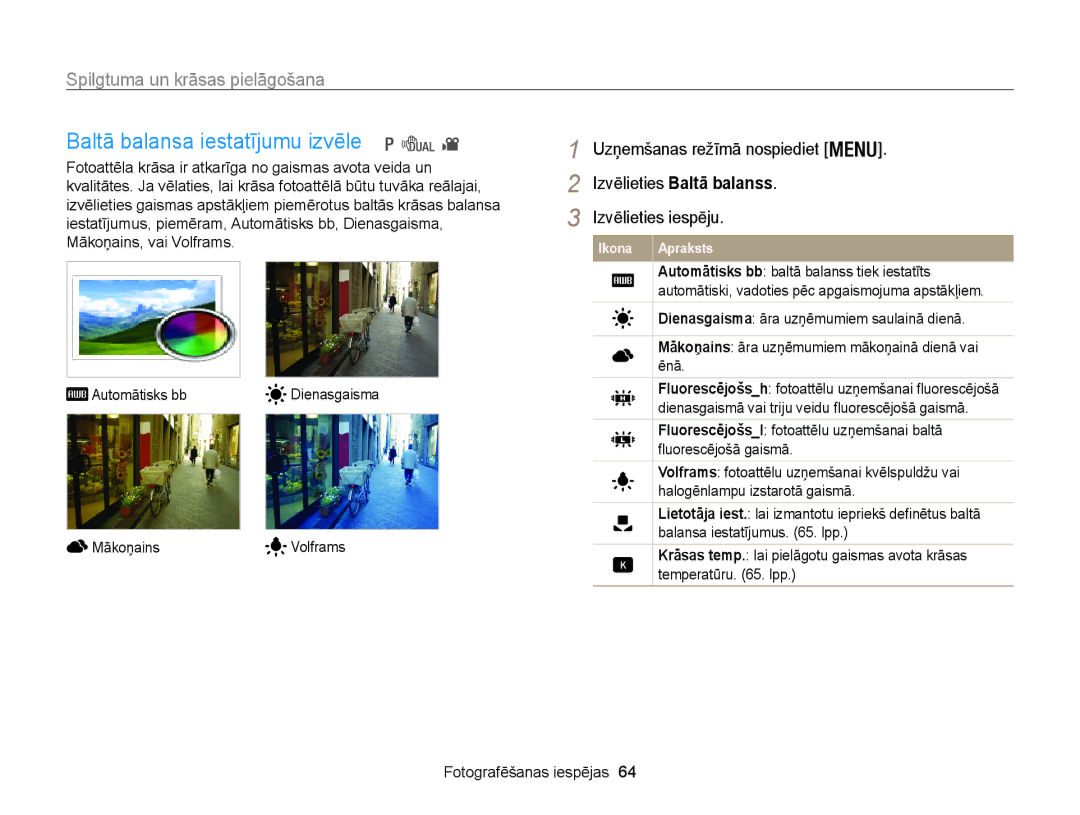 Samsung EC-WB100ZBARE2, EC-WB100ZBABE2 manual Baltā balansa iestatījumu izvēle 