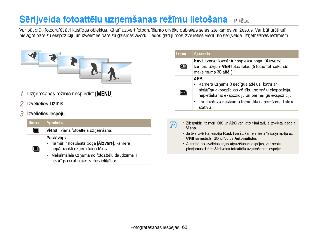 Samsung EC-WB100ZBARE2, EC-WB100ZBABE2 manual Sērijveida fotoattēlu uzņemšanas režīmu lietošana, Pastāvīgs 