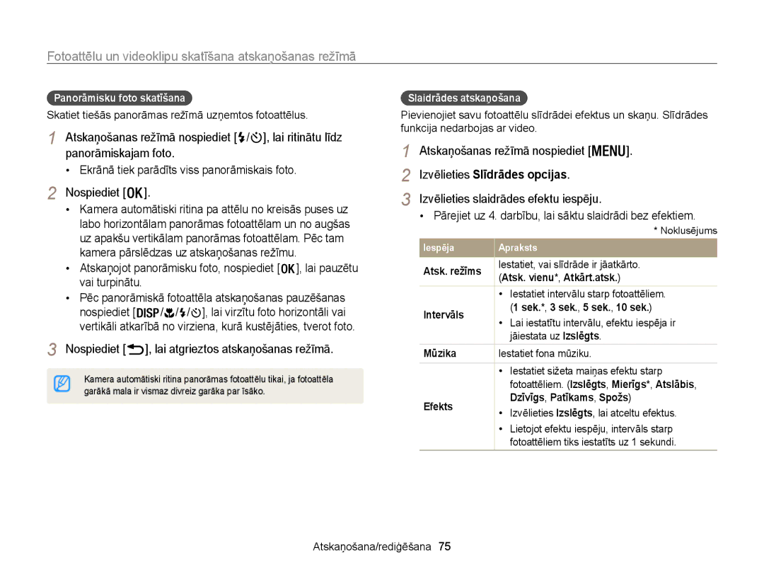 Samsung EC-WB100ZBABE2 manual Izvēlieties Slīdrādes opcijas, Pārejiet uz 4. darbību, lai sāktu slaidrādi bez efektiem 