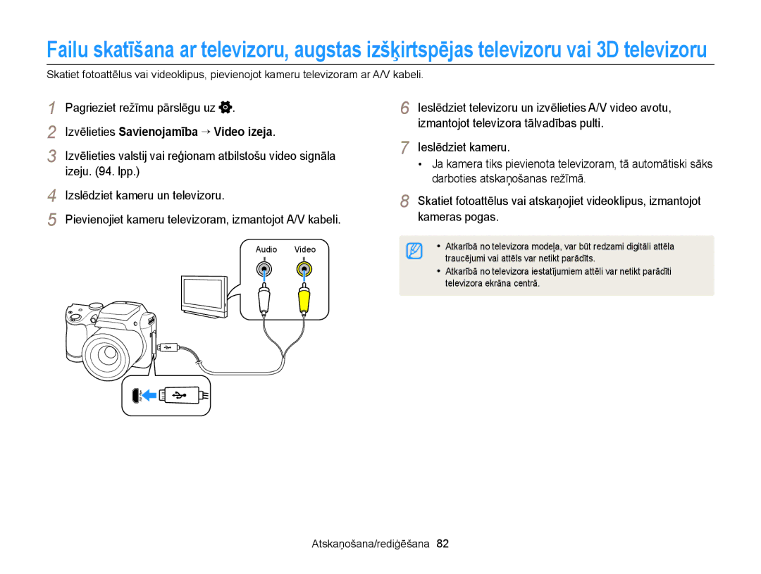 Samsung EC-WB100ZBARE2 manual Izvēlieties Savienojamība → Video izeja, Izeju . lpp, Izslēdziet kameru un televizoru 