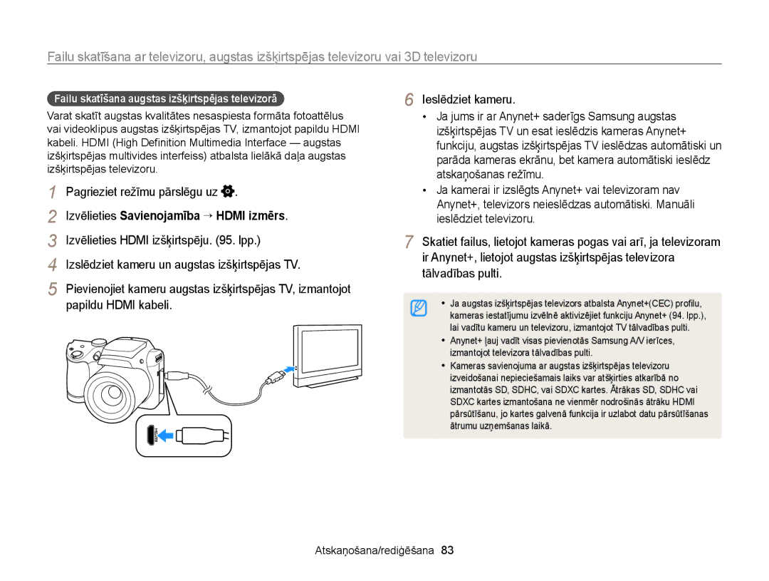 Samsung EC-WB100ZBABE2 Izvēlieties Savienojamība → Hdmi izmērs, Izvēlieties Hdmi izšķirtspēju . lpp, Papildu Hdmi kabeli 