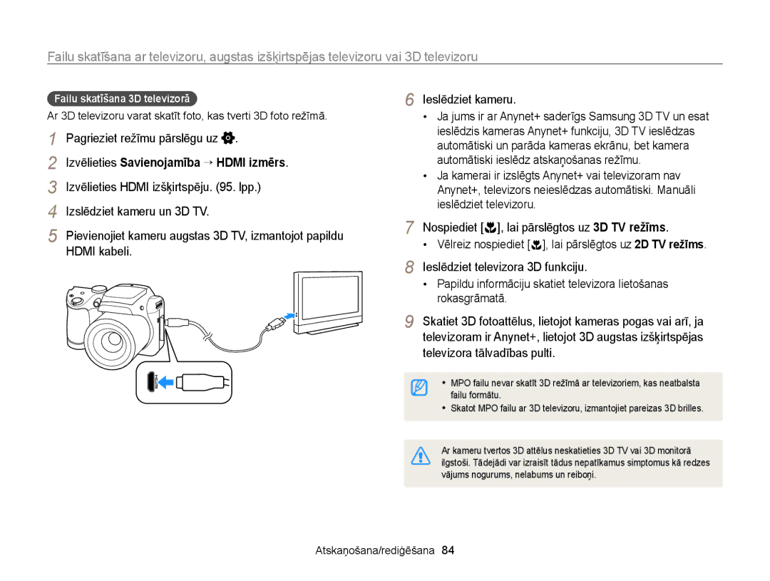 Samsung EC-WB100ZBARE2, EC-WB100ZBABE2 manual Izslēdziet kameru un 3D TV, Hdmi kabeli, Failu skatīšana 3D televizorā 