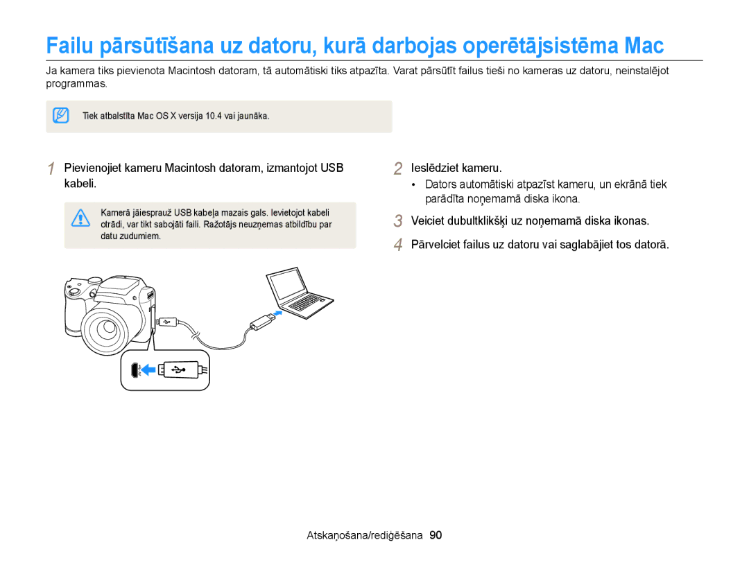 Samsung EC-WB100ZBARE2, EC-WB100ZBABE2 manual Pievienojiet kameru Macintosh datoram, izmantojot USB kabeli 