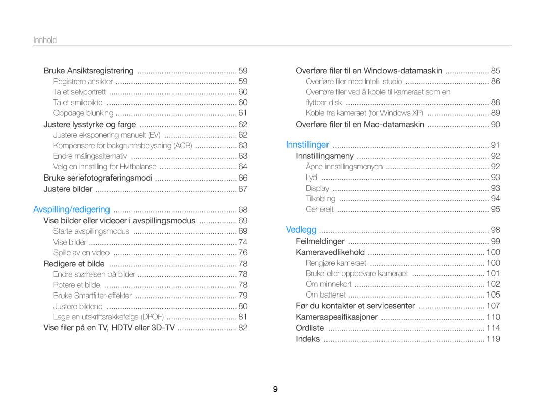 Samsung EC-WB100ZBABE2 manual Innhold﻿, Overføre filer ved å koble til kameraet som en 