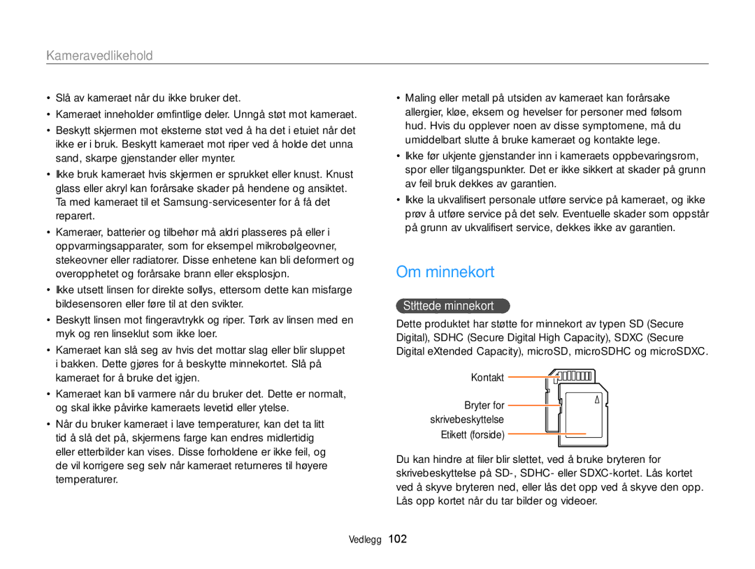 Samsung EC-WB100ZBABE2 manual Om minnekort, Støttede minnekort, Kontakt 