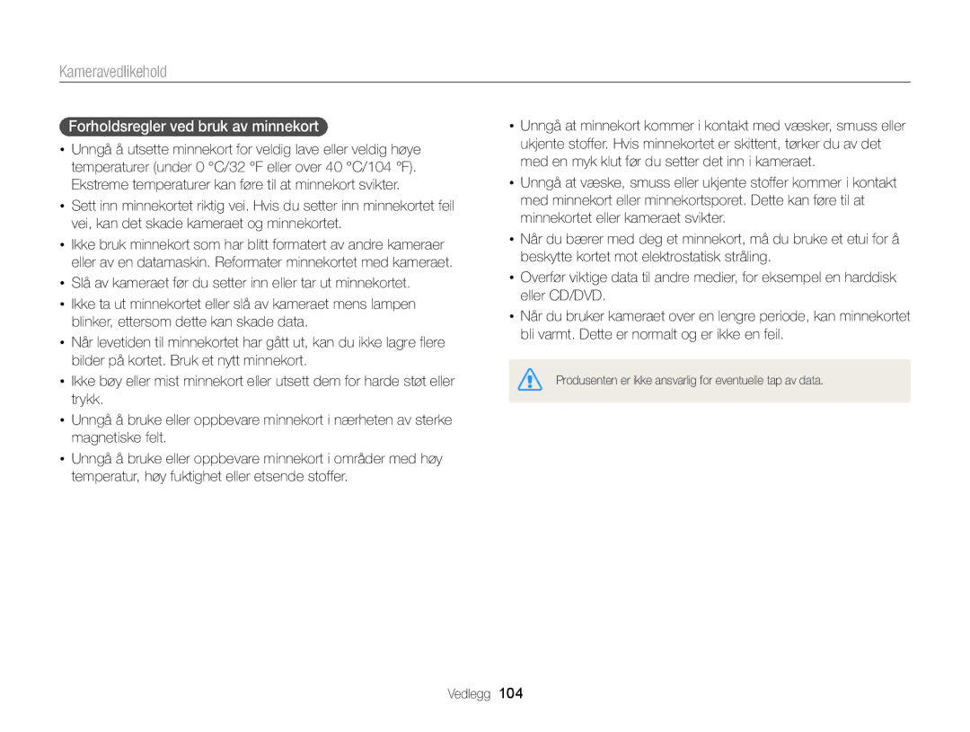 Samsung EC-WB100ZBABE2 manual Forholdsregler ved bruk av minnekort 