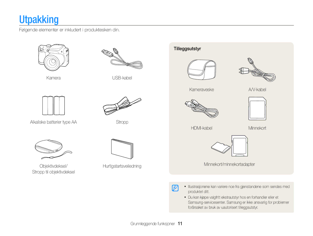 Samsung EC-WB100ZBABE2 manual Utpakking, Grunnleggende funksjoner 