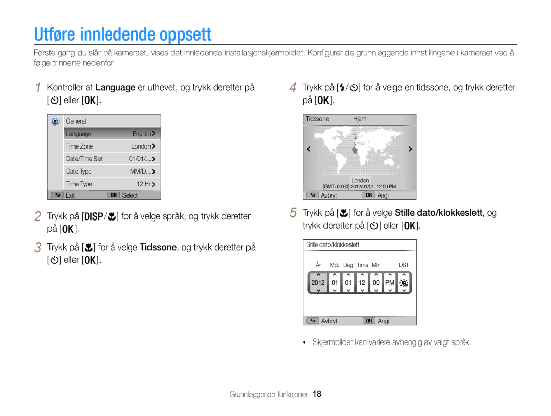 Samsung EC-WB100ZBABE2 manual Utføre innledende oppsett, Trykk på, Eller, For å velge Stille dato/klokkeslett, og 