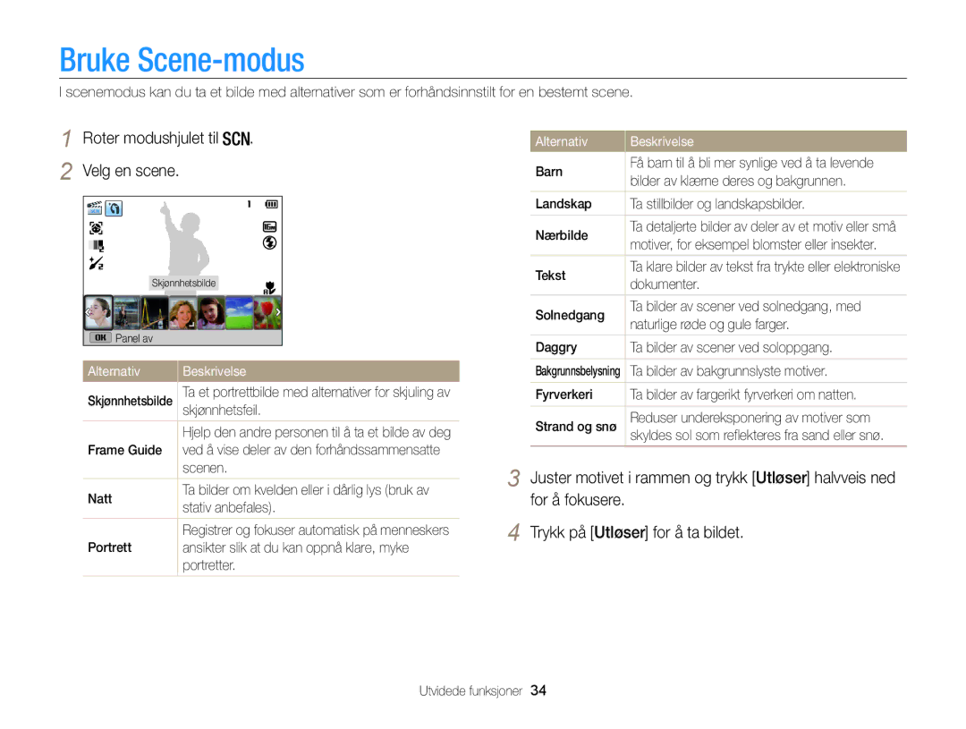 Samsung EC-WB100ZBABE2 manual Bruke Scene-modus, Roter modushjulet til Velg en scene 