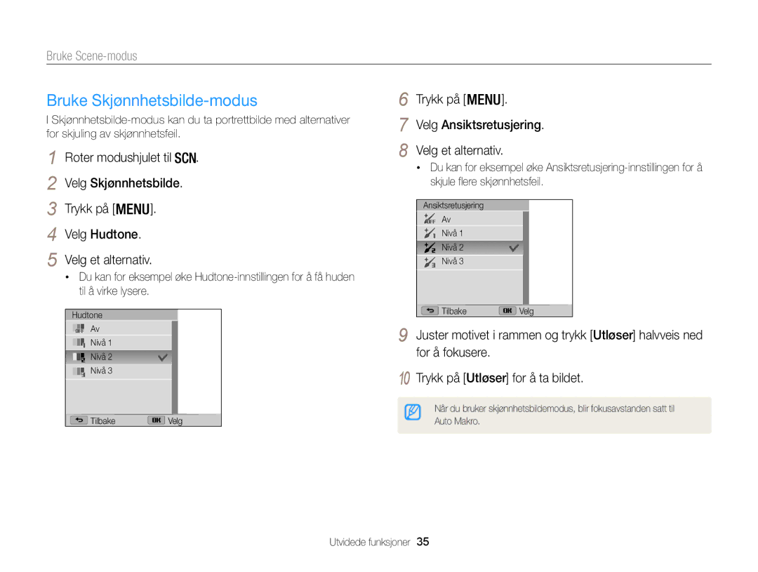 Samsung EC-WB100ZBABE2 manual Bruke Skjønnhetsbilde-modus, Bruke Scene-modus, Velg Ansiktsretusjering 