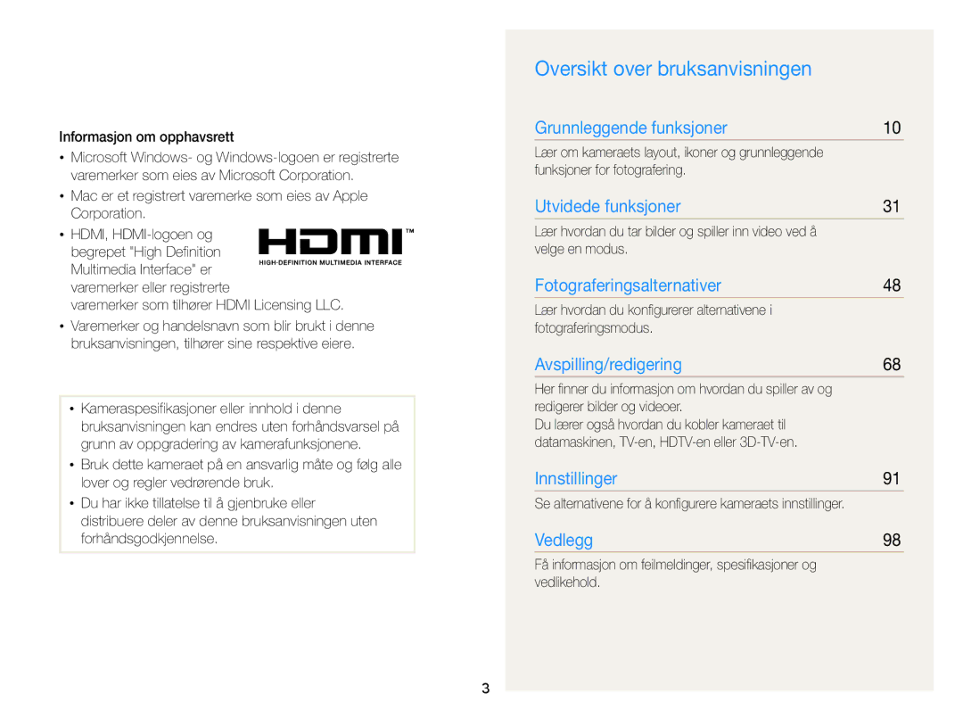 Samsung EC-WB100ZBABE2 manual Oversikt over bruksanvisningen 