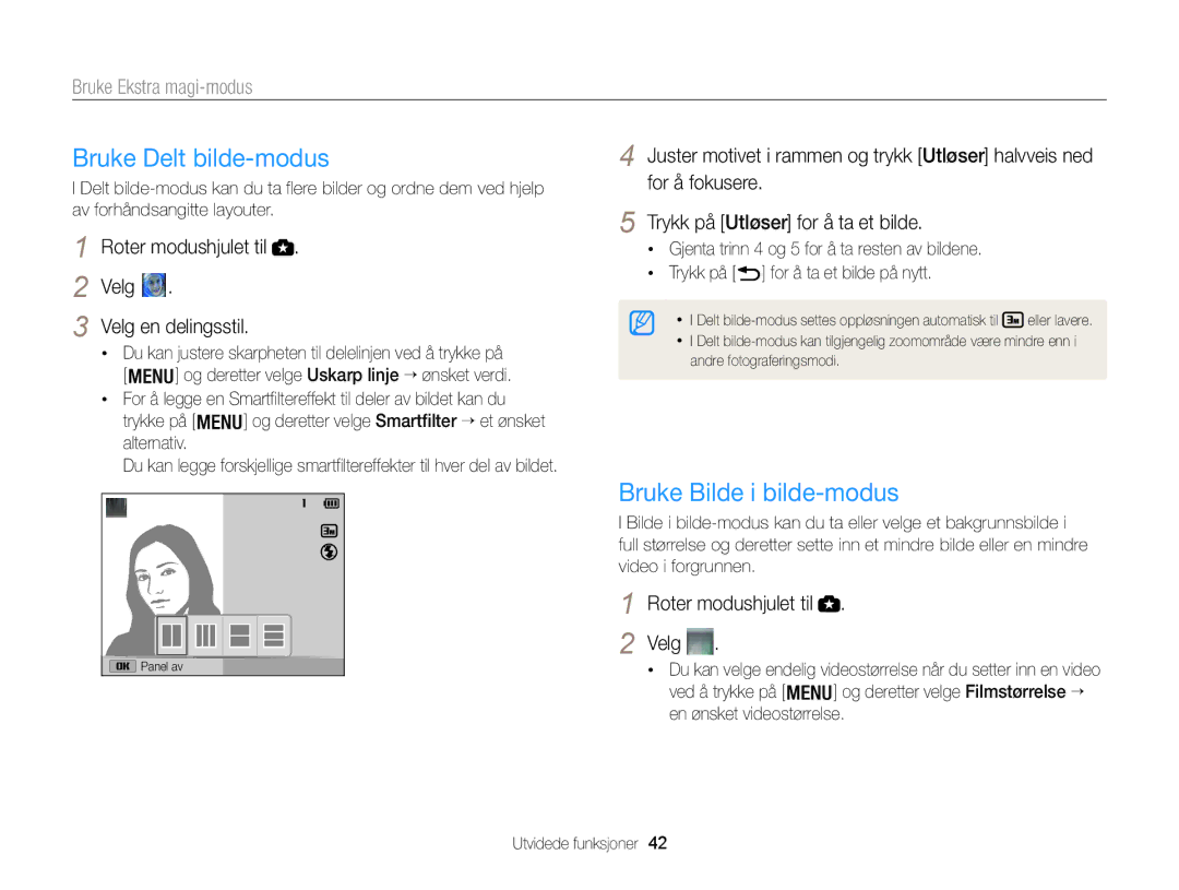 Samsung EC-WB100ZBABE2 manual Bruke Delt bilde-modus, Bruke Bilde i bilde-modus, Bruke Ekstra magi-modus 