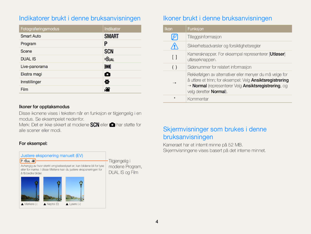 Samsung EC-WB100ZBABE2 Indikatorer brukt i denne bruksanvisningen, Ikoner brukt i denne bruksanvisningen, Ikon Funksjon 