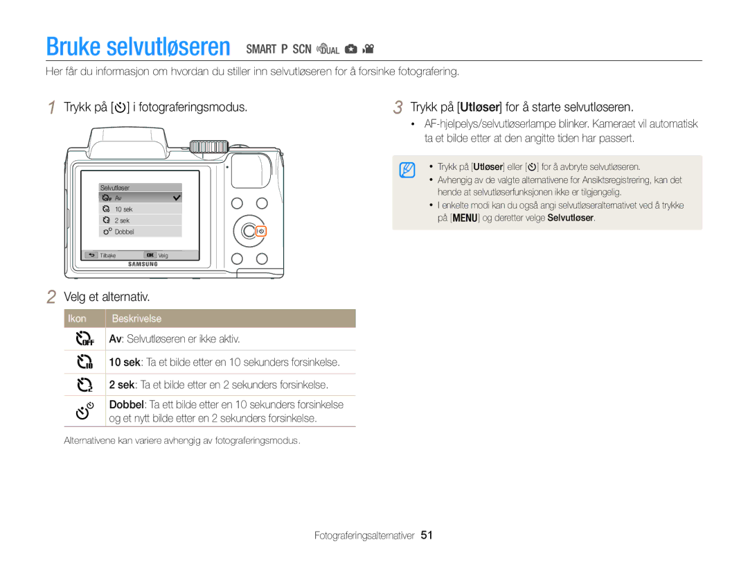 Samsung EC-WB100ZBABE2 Bruke selvutløseren, Trykk på i fotograferingsmodus, Trykk på Utløser for å starte selvutløseren 