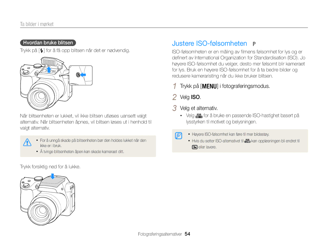 Samsung EC-WB100ZBABE2 manual Justere ISO-følsomheten, Velg ISO Velg et alternativ, Hvordan bruke blitsen 