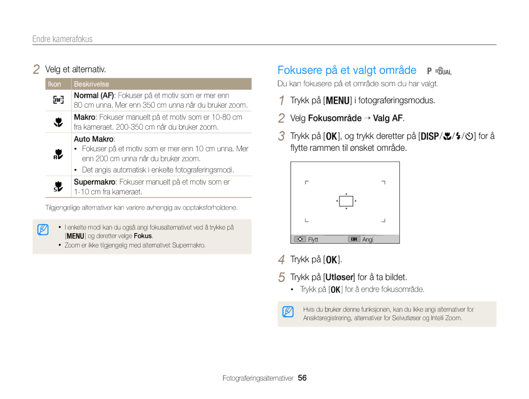 Samsung EC-WB100ZBABE2 manual Fokusere på et valgt område, Endre kamerafokus, Auto Makro 