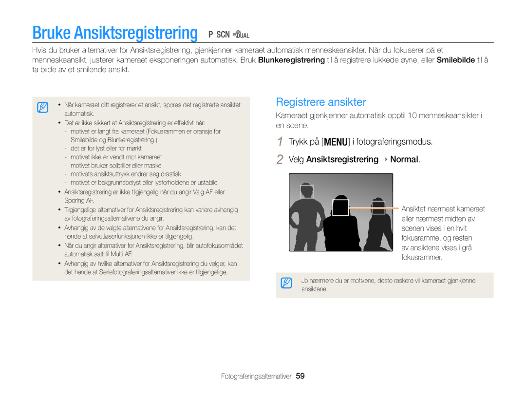 Samsung EC-WB100ZBABE2 manual Bruke Ansiktsregistrering, Registrere ansikter 