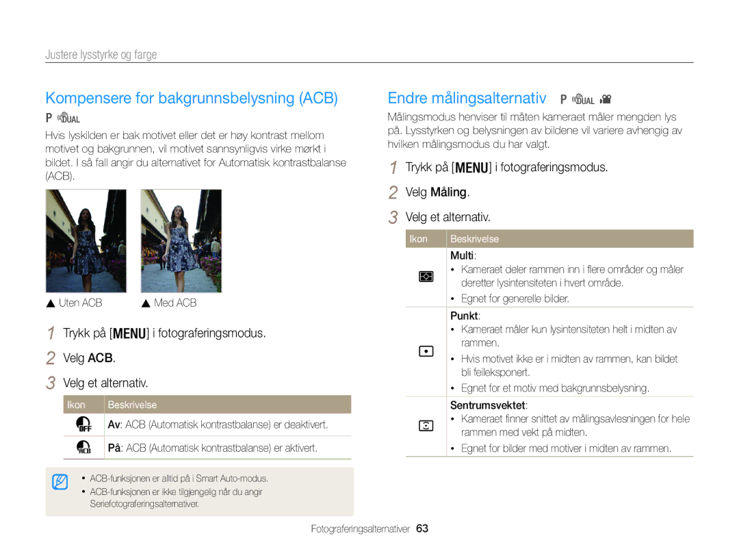 Samsung EC-WB100ZBABE2 manual Kompensere for bakgrunnsbelysning ACB, Endre målingsalternativ, Justere lysstyrke og farge 