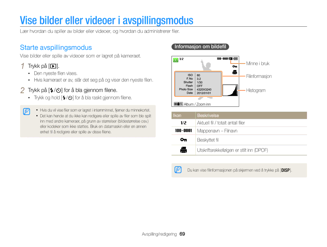 Samsung EC-WB100ZBABE2 Vise bilder eller videoer i avspillingsmodus, Starte avspillingsmodus, Informasjon om bildefil 