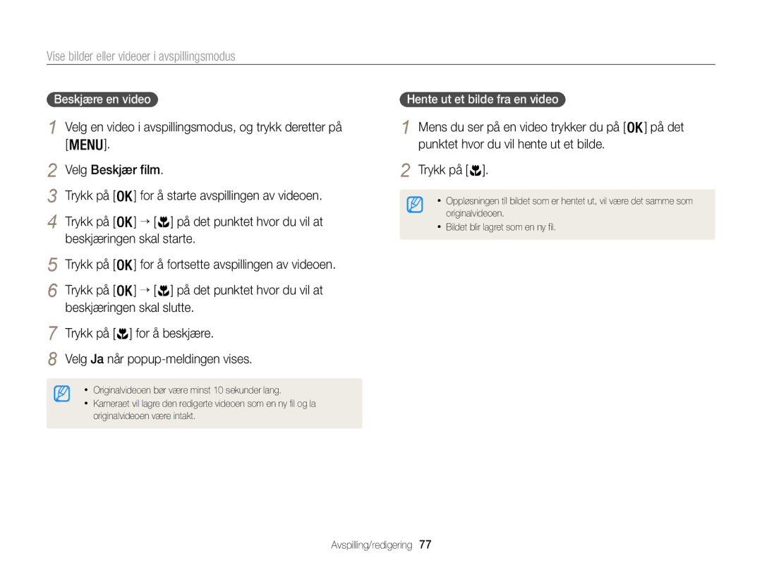 Samsung EC-WB100ZBABE2 manual Velg Beskjær film, Beskjæringen skal starte, Beskjæringen skal slutte 