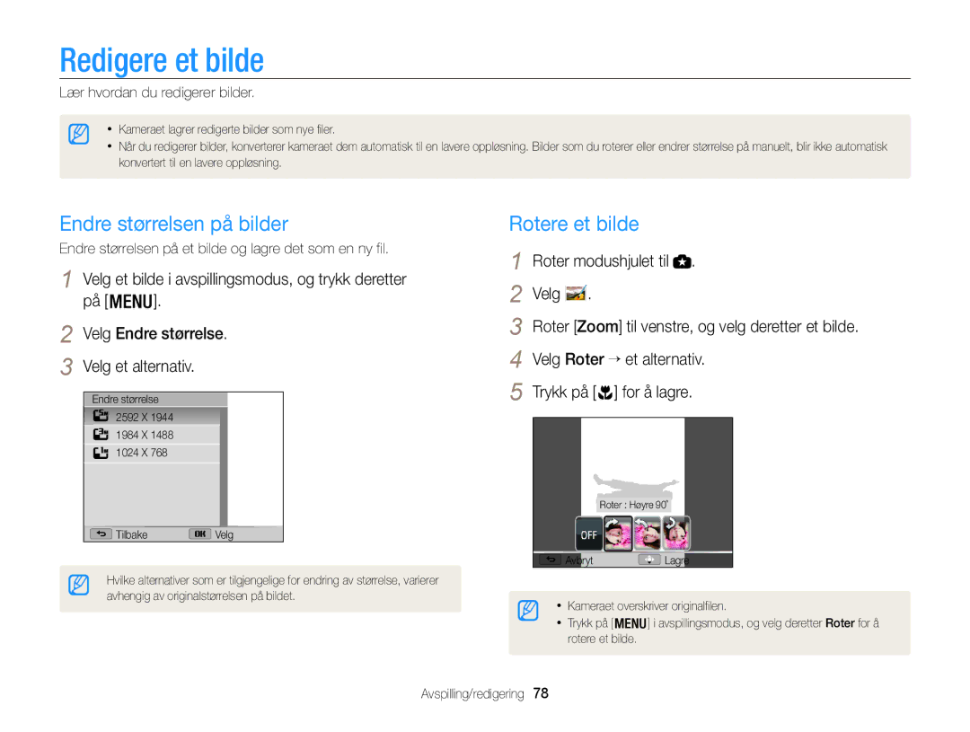 Samsung EC-WB100ZBABE2 manual Redigere et bilde, Endre størrelsen på bilder, Rotere et bilde, Velg Roter → et alternativ 