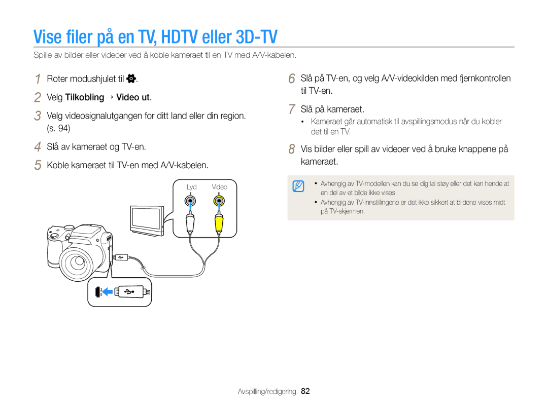 Samsung EC-WB100ZBABE2 manual Vise filer på en TV, Hdtv eller 3D-TV, Roter modushjulet til Velg Tilkobling → Video ut 