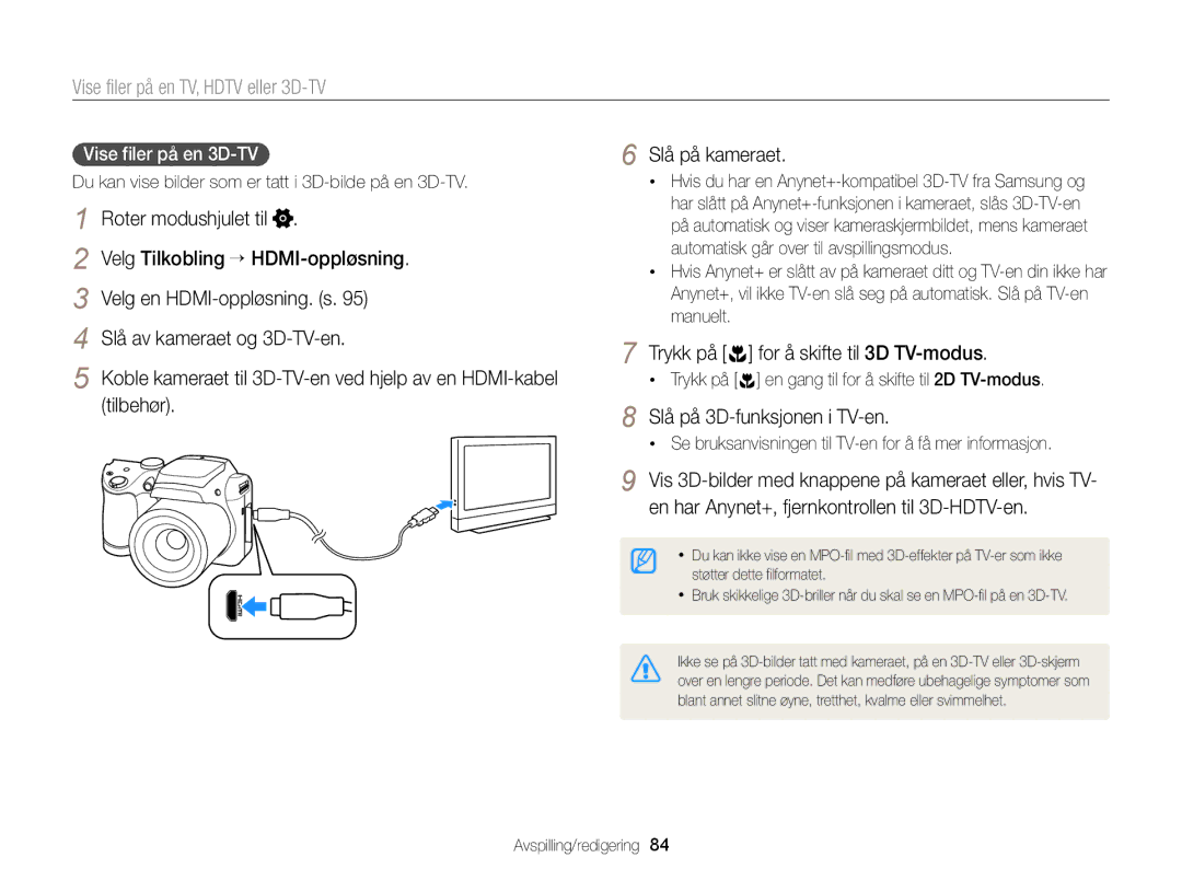 Samsung EC-WB100ZBABE2 manual Slå av kameraet og 3D-TV-en, Trykk på for å skifte til 3D TV-modus, Vise filer på en 3D-TV 