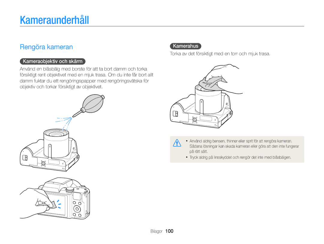 Samsung EC-WB100ZBABE2 manual Kameraunderhåll, Rengöra kameran, Kameraobjektiv och skärm, Kamerahus 