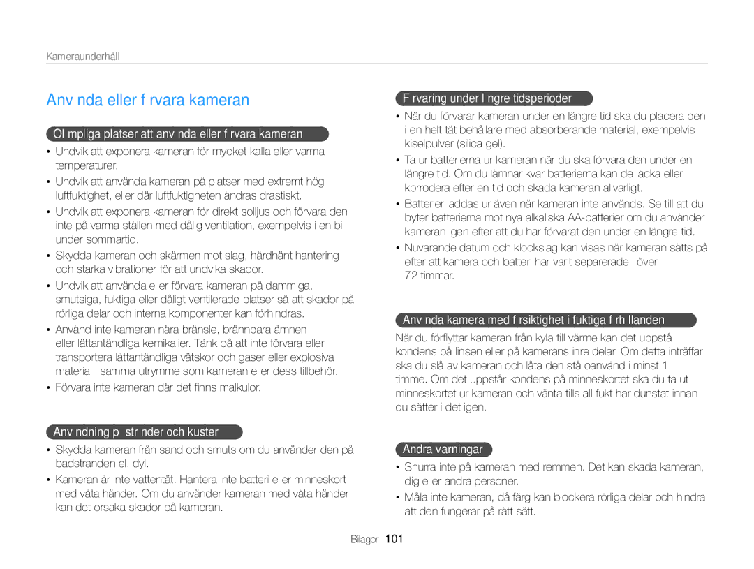 Samsung EC-WB100ZBABE2 manual Använda eller förvara kameran, Kameraunderhåll 