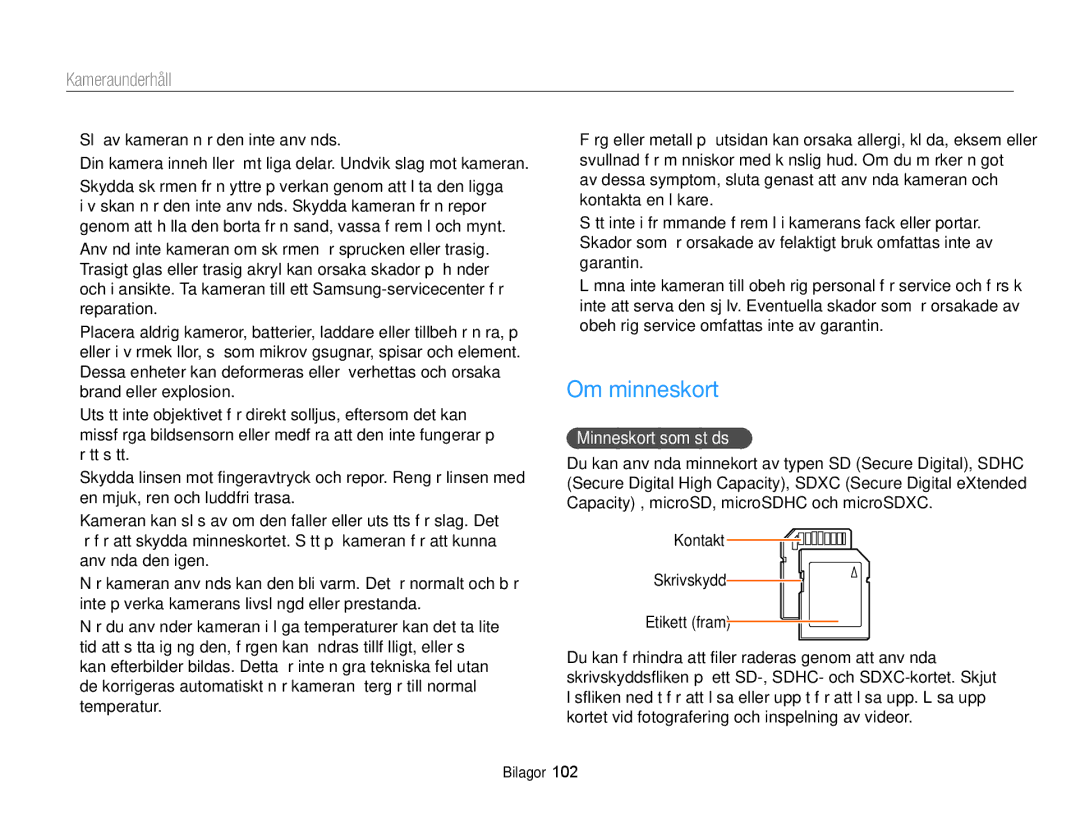 Samsung EC-WB100ZBABE2 manual Om minneskort, Minneskort som stöds, Kontakt Skrivskydd Etikett fram 