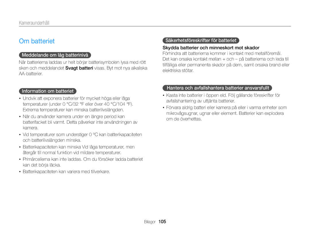 Samsung EC-WB100ZBABE2 manual Om batteriet, Meddelande om låg batterinivå, Information om batteriet 