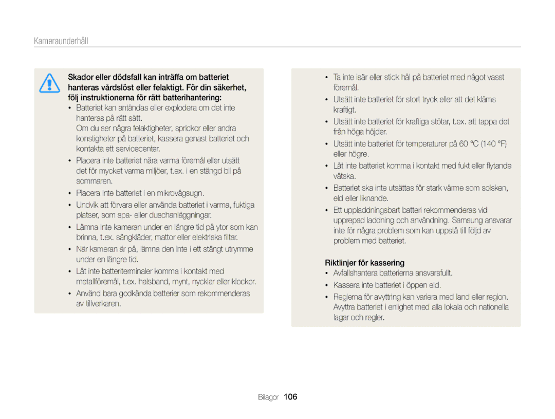 Samsung EC-WB100ZBABE2 manual Kameraunderhåll 