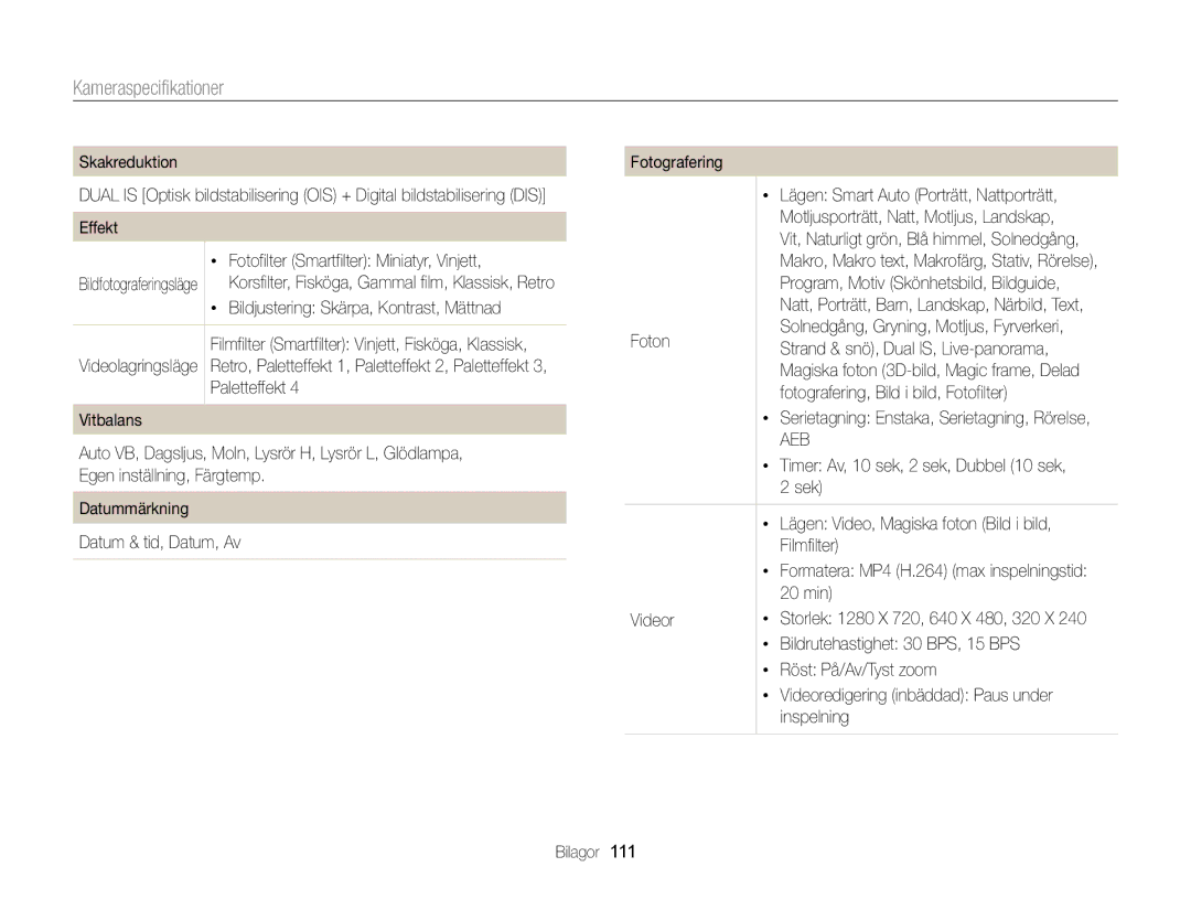 Samsung EC-WB100ZBABE2 manual Kameraspecifikationer 